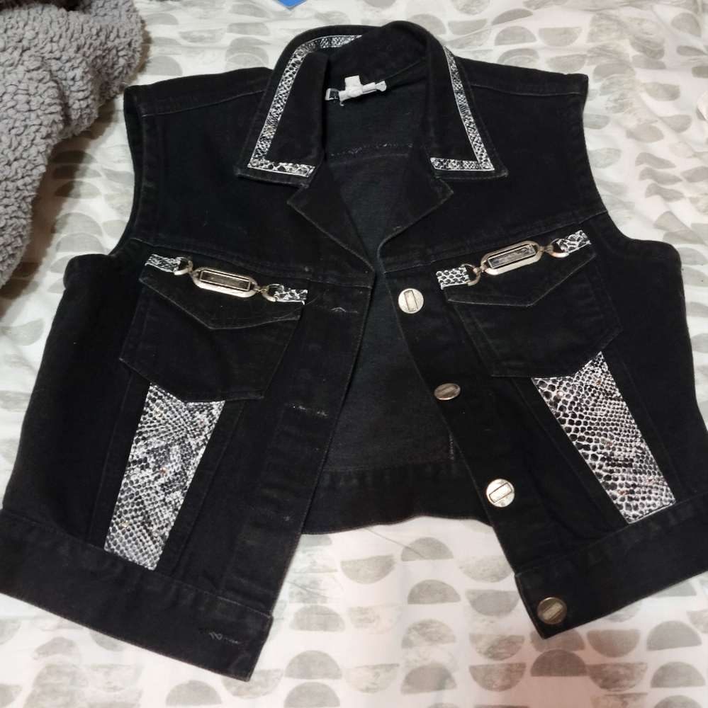 Black Denim Vest with Snake Print Accents